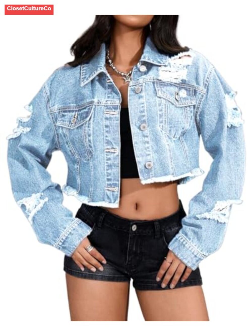 Cropped Ripped Denim Jean Jacket Long Sleeve Button Down
